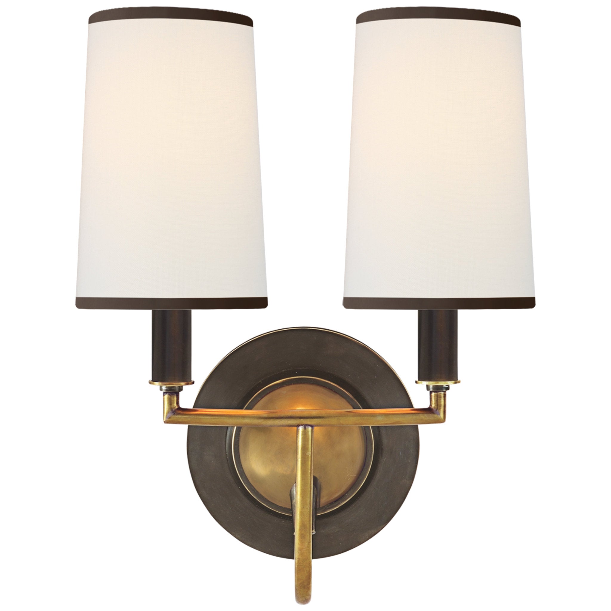 Thomas O'Brien Elkins Double Sconce in Bronze and Hand-Rubbed Antique Brass with Linen Shades with Black Trim
