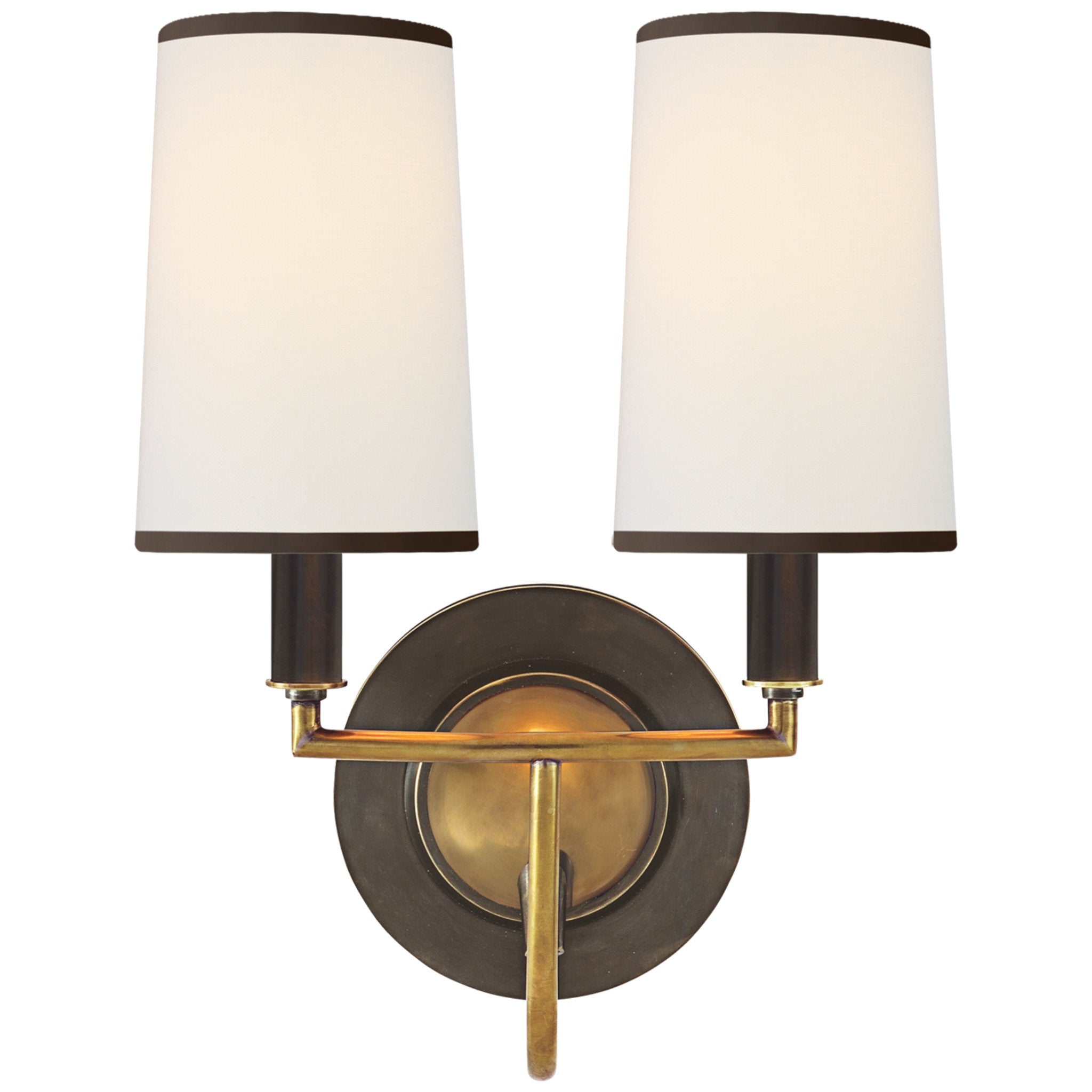 Thomas O'Brien Elkins Double Sconce in Bronze and Hand-Rubbed Antique Brass with Linen Shades with Black Trim Wall Light W10" x H13.25"