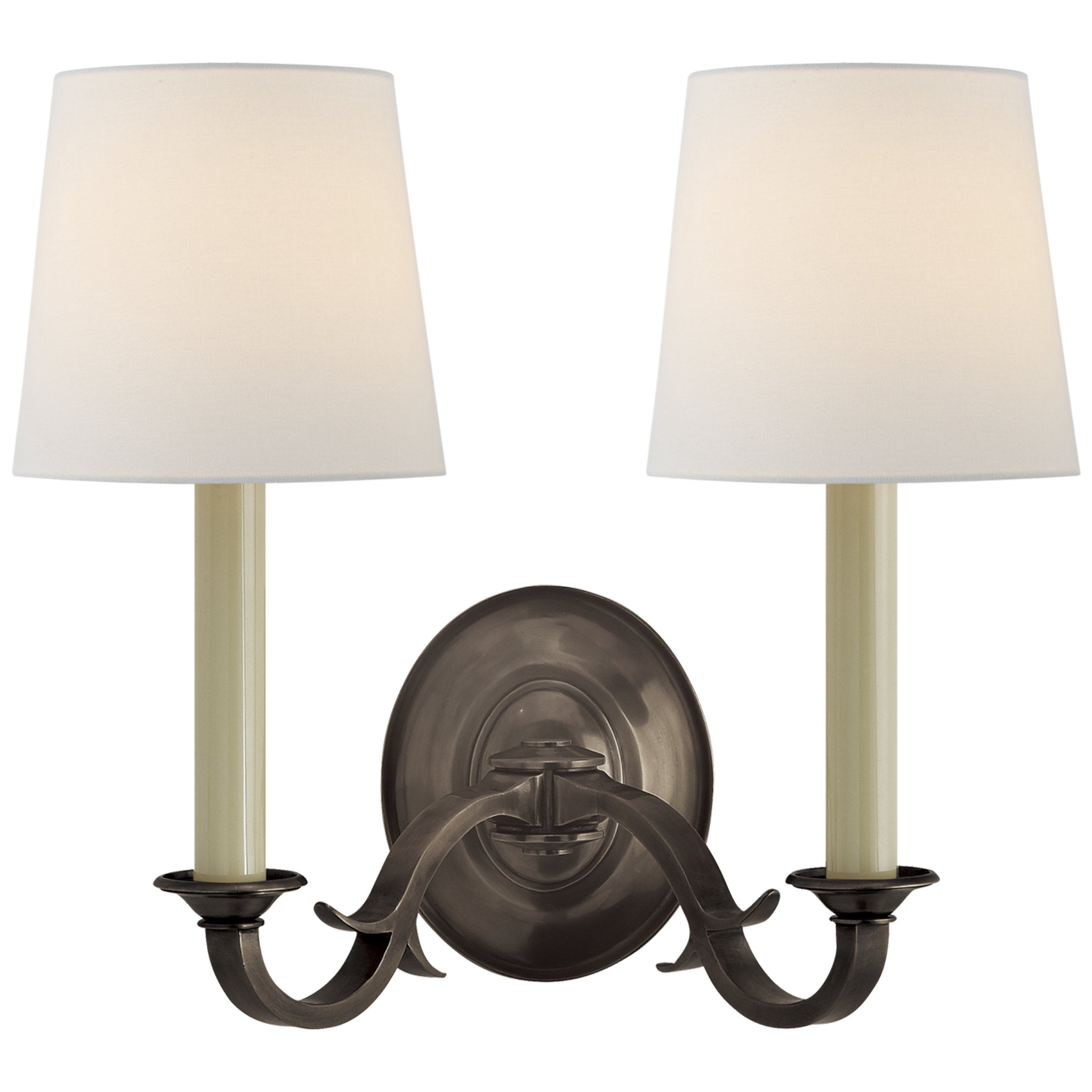 Thomas O'Brien Channing Double Sconce in Bronze with Linen Shades Wall Light W15" x H14"