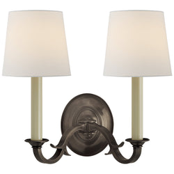 Thomas O'Brien Channing Double Sconce in Bronze with Linen Shades