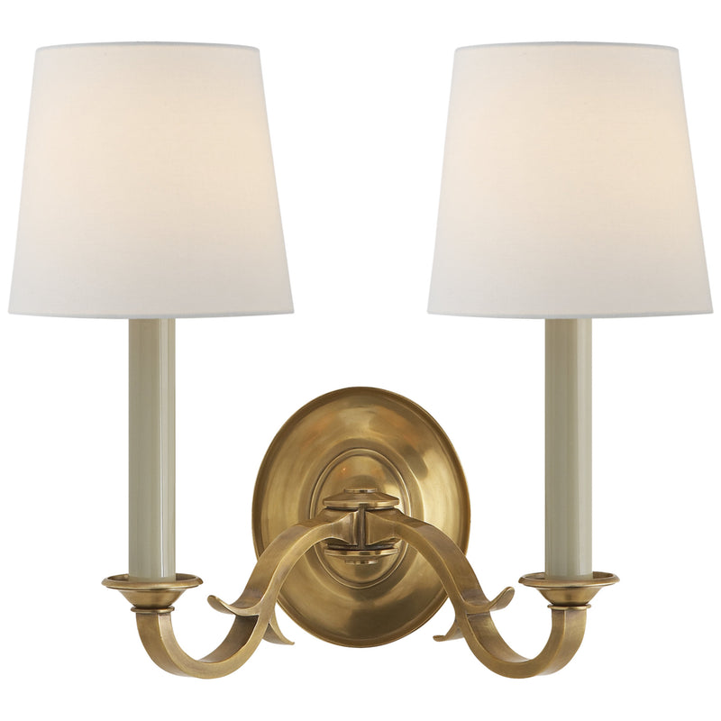 Thomas O'Brien Channing Double Sconce in Hand-Rubbed Antique Brass with Linen Shades