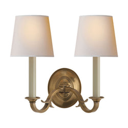 Thomas O'Brien Channing Double Sconce in Hand-Rubbed Antique Brass with Natural Paper Shades