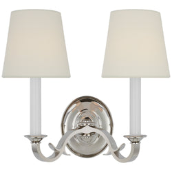 Thomas O'Brien Channing Double Sconce in Polished Nickel with Linen Shades