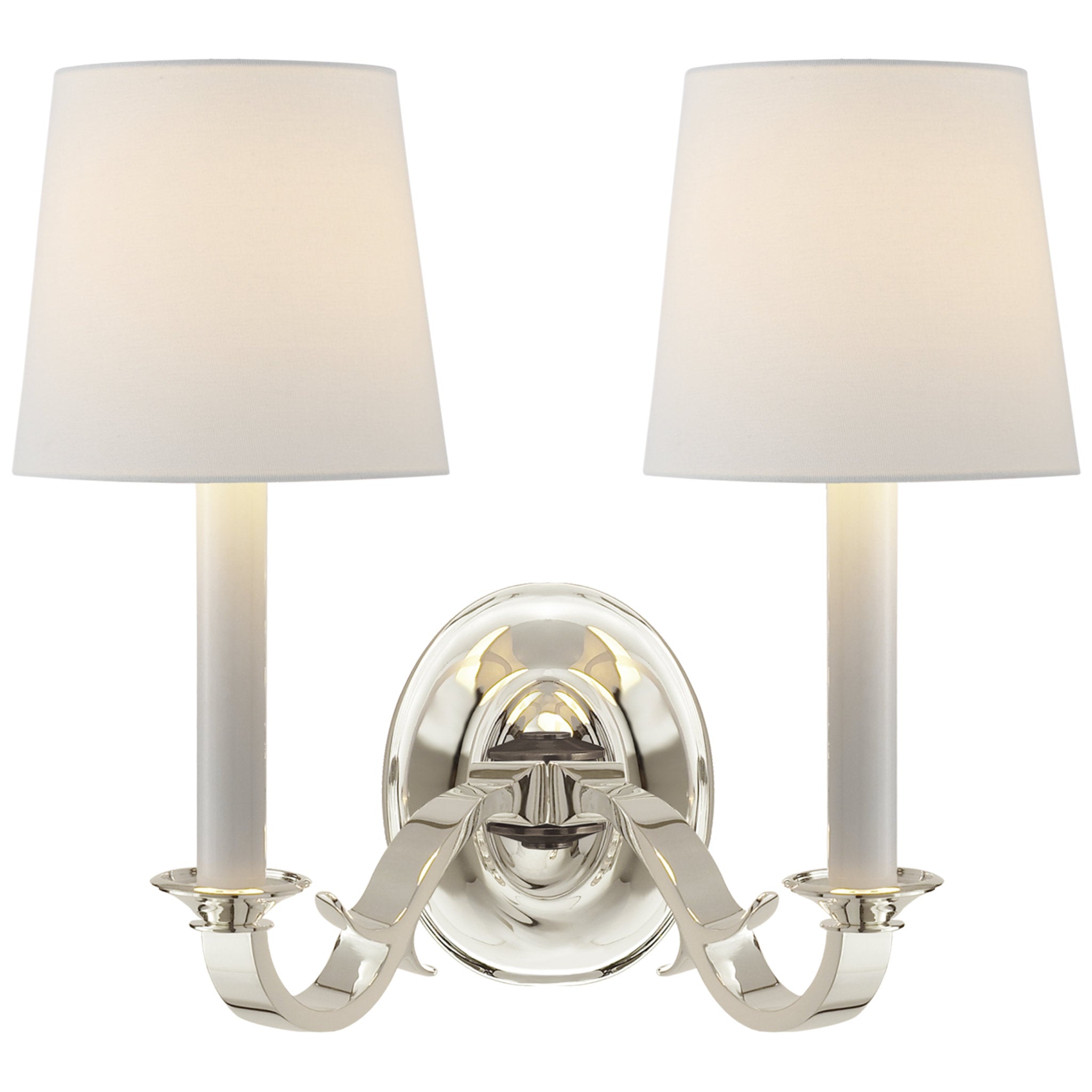 Thomas O'Brien Channing Double Sconce in Polished Silver with Linen Shades