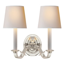 Thomas O'Brien Channing Double Sconce in Polished Silver with Natural Paper Shades