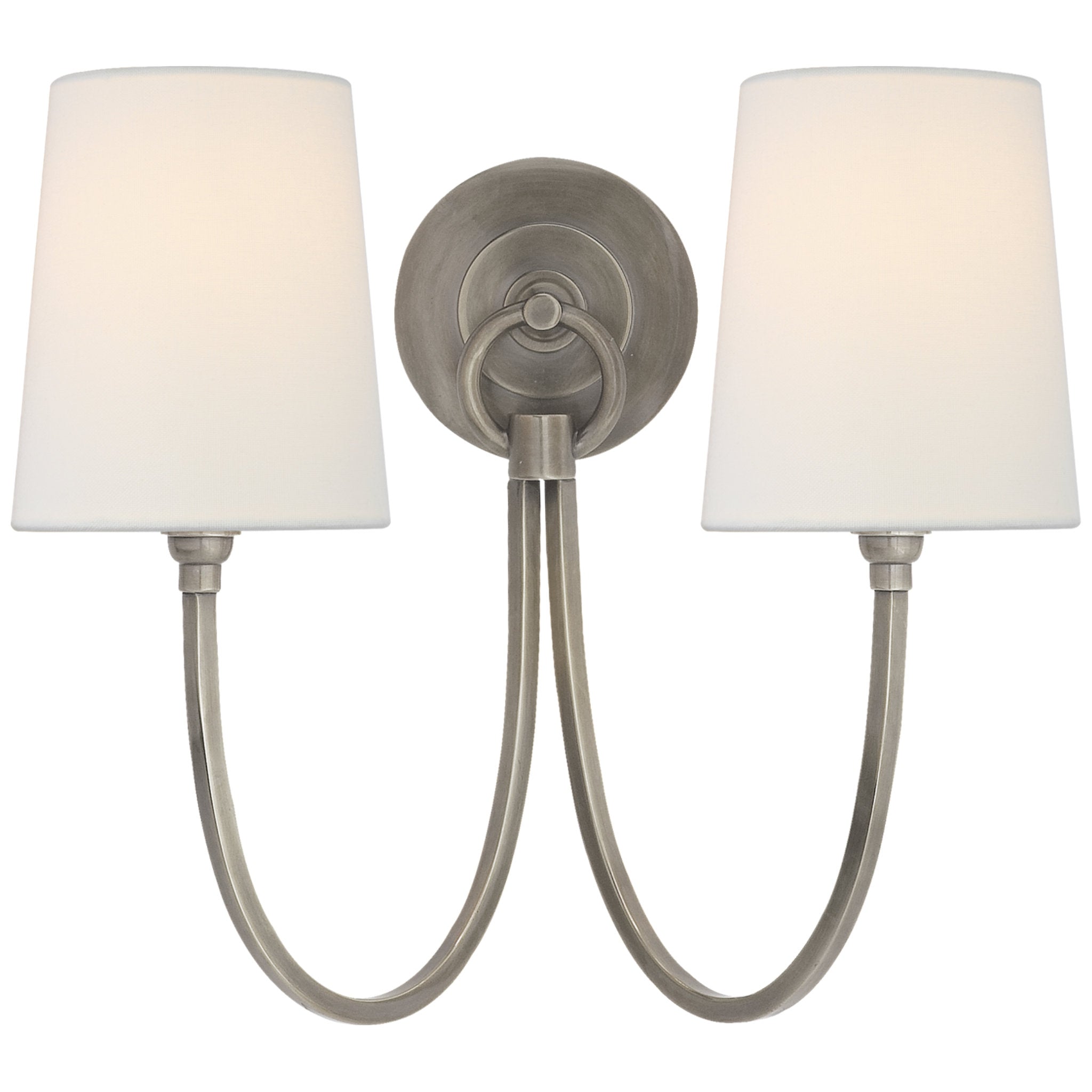 Thomas O'Brien Reed Double Sconce in Antique Nickel with Linen Shades Wall Light W15" x H13"