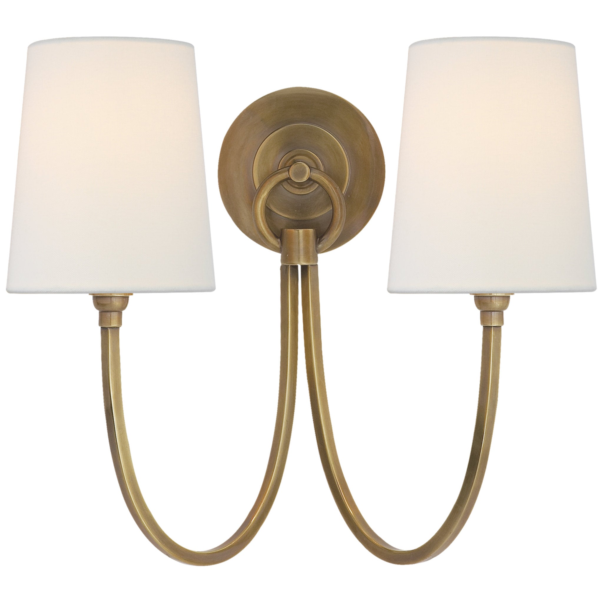 Thomas O'Brien Reed Double Sconce in Hand-Rubbed Antique Brass with Linen Shades Wall Light W15" x H13"
