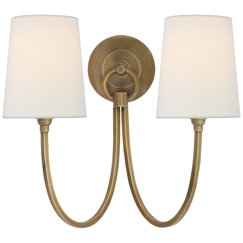 Thomas O'Brien Reed Double Sconce in Hand-Rubbed Antique Brass with Linen Shades
