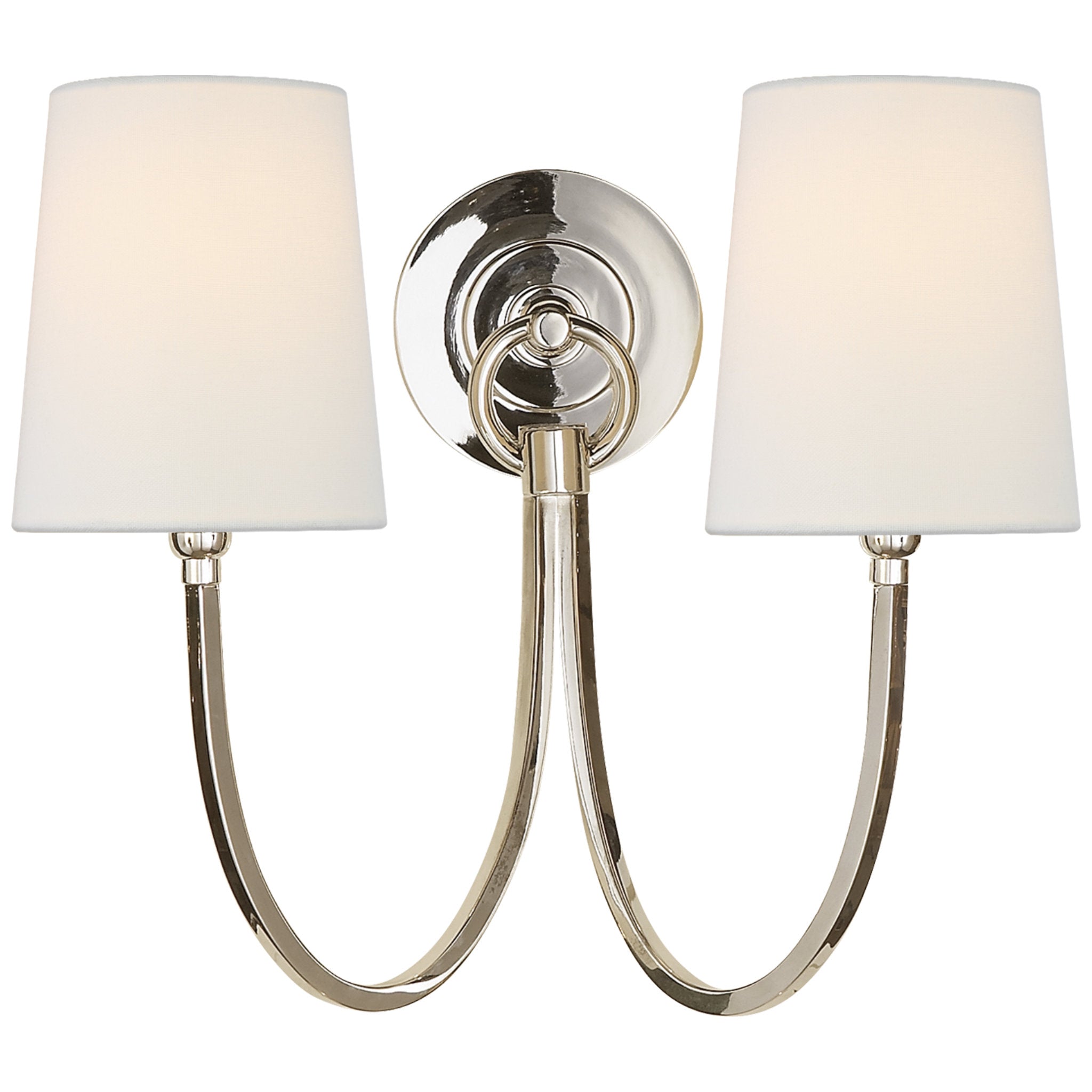 Thomas O'Brien Reed Double Sconce in Polished Nickel with Linen Shades Wall Light W15" x H13"