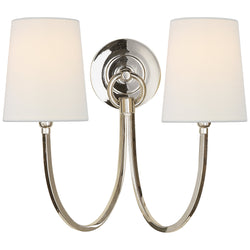 Thomas O'Brien Reed Double Sconce in Polished Nickel with Linen Shades