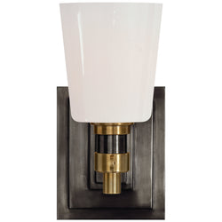 Thomas O'Brien Bryant Single Bath Sconce in Bronze and Hand-Rubbed Antique Brass with White Glass
