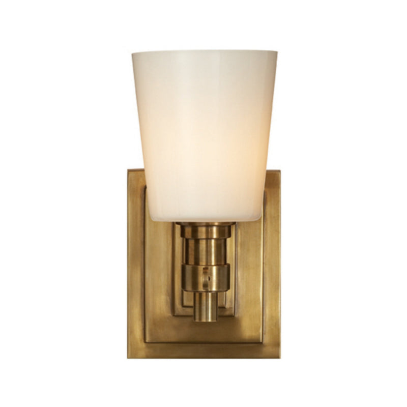 Thomas O'Brien Bryant Single Bath Sconce in Hand-Rubbed Antique Brass with White Glass