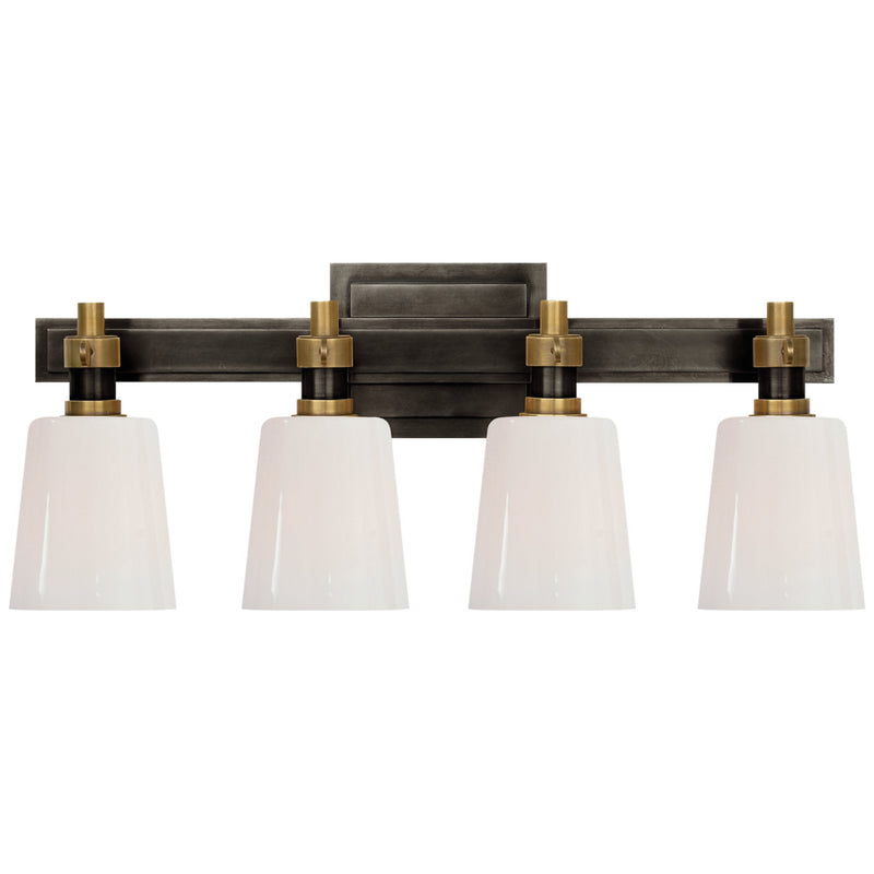 Thomas O'Brien Bryant Four-Light Bath Sconce in Bronze and Hand-Rubbed Antique Brass with White Glass