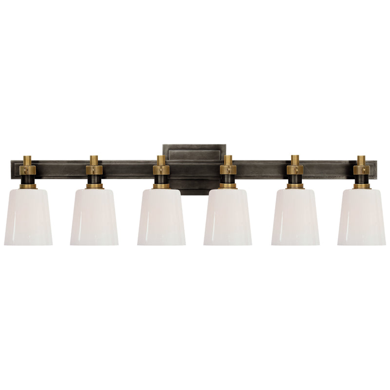 Thomas O'Brien Bryant Six-Light Linear Bath Sconce in Bronze and Hand-Rubbed Antique Brass with White Glass
