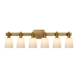 Thomas O'Brien Bryant Six-Light Linear Bath Sconce in Hand-Rubbed Antique Brass with White Glass