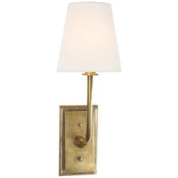 Thomas O'Brien Hulton Sconce in Hand-Rubbed Antique Brass with Crystal Backplate with Linen Shade