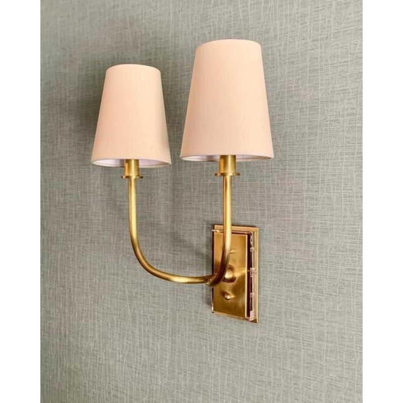 Thomas O'Brien Hulton Double Sconce in Polished Nickel with Crystal Backplate and Natural Paper Shades
