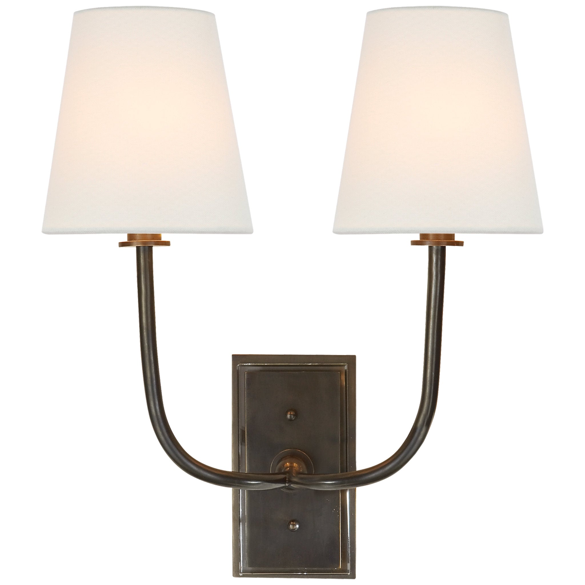 Thomas O'Brien Hulton Double Sconce in Bronze with Crystal Backplate with Linen Shades Wall Light W14" x H17.5"