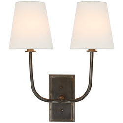 Thomas O'Brien Hulton Double Sconce in Bronze with Crystal Backplate with Linen Shades