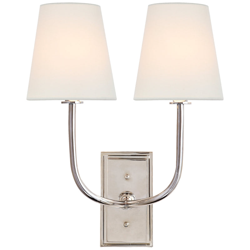 Thomas O'Brien Hulton Double Sconce in Polished Nickel with Crystal Backplate with Linen Shades