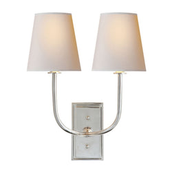 Thomas O'Brien Hulton Double Sconce in Polished Nickel with Crystal Backplate and Natural Paper Shades