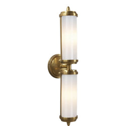 Thomas O'Brien Merchant Double Bath Light in Hand-Rubbed Antique Brass with White Glass