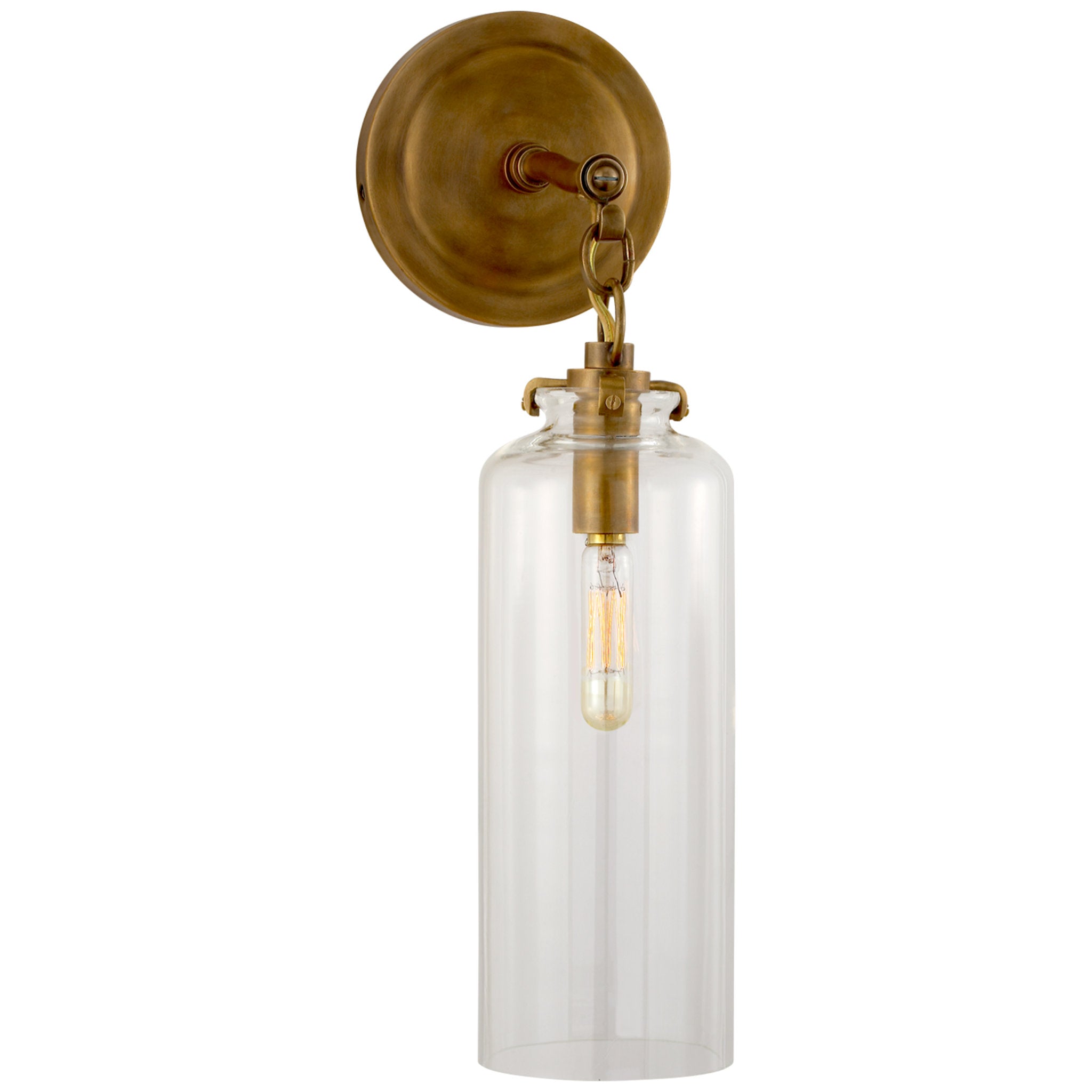 Thomas O'Brien Katie Small Cylinder Sconce in Hand-Rubbed Antique Brass with Clear Glass Wall Light W5" x H16.25"