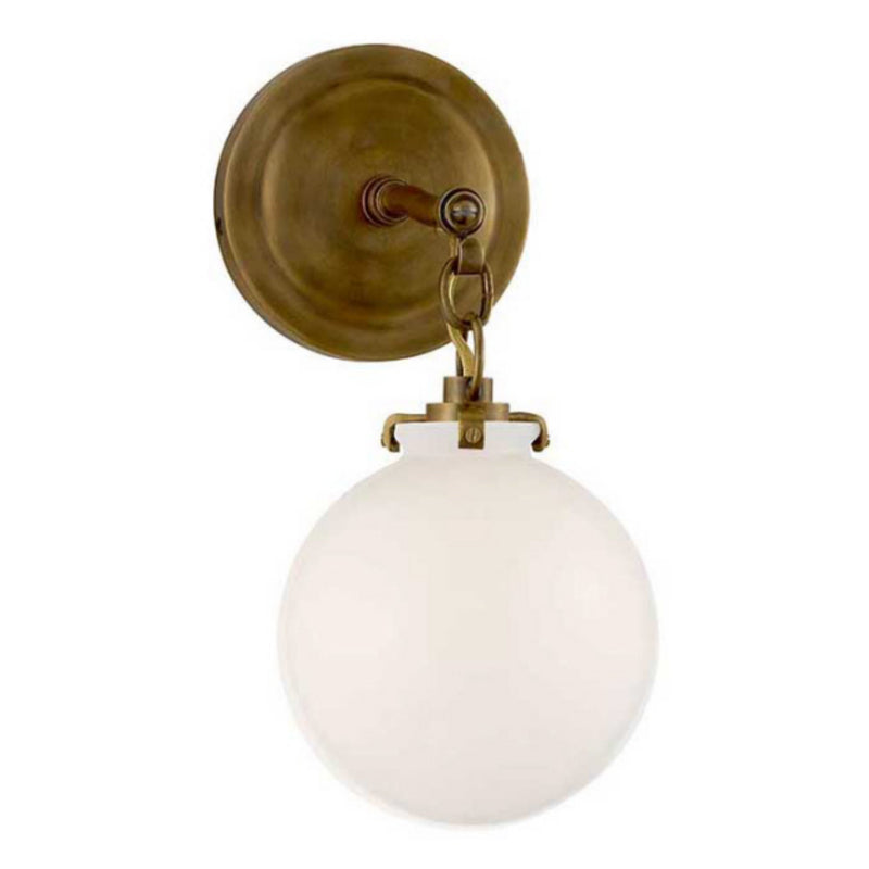 Thomas O'Brien Katie Small Globe Sconce in Hand-Rubbed Antique Brass with White Glass