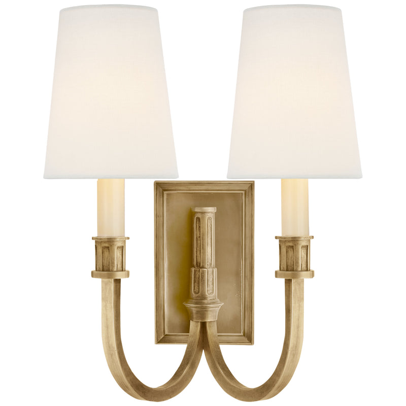 Thomas O'Brien Modern Library Double Sconce in Hand-Rubbed Antique Brass with Linen Shades