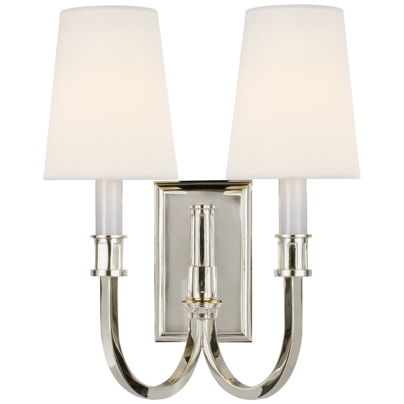 Thomas O'Brien Modern Library Double Sconce in Polished Nickel with Linen Shades