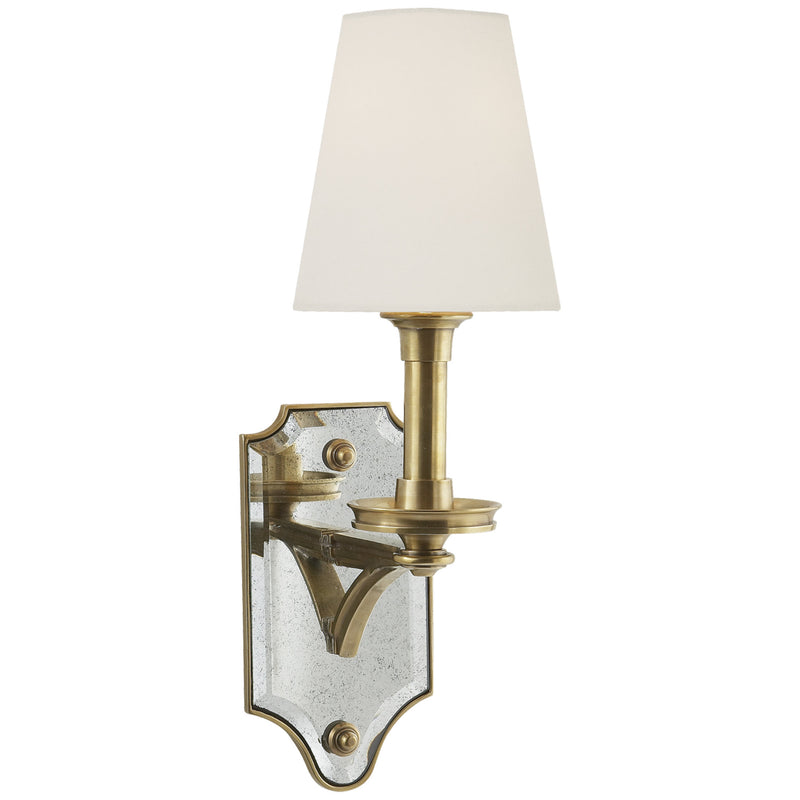 Thomas O'Brien Verona Mirrored Sconce in Hand-Rubbed Antique Brass with Linen Shade