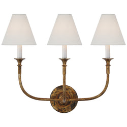 Thomas O'Brien Piaf Triple Sconce in Antique Gild with Linen Shades