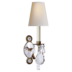 Thomas O'Brien Yves Crystal Single Arm Sconce in Gilded Iron and Crystal with Natural Percale Shade