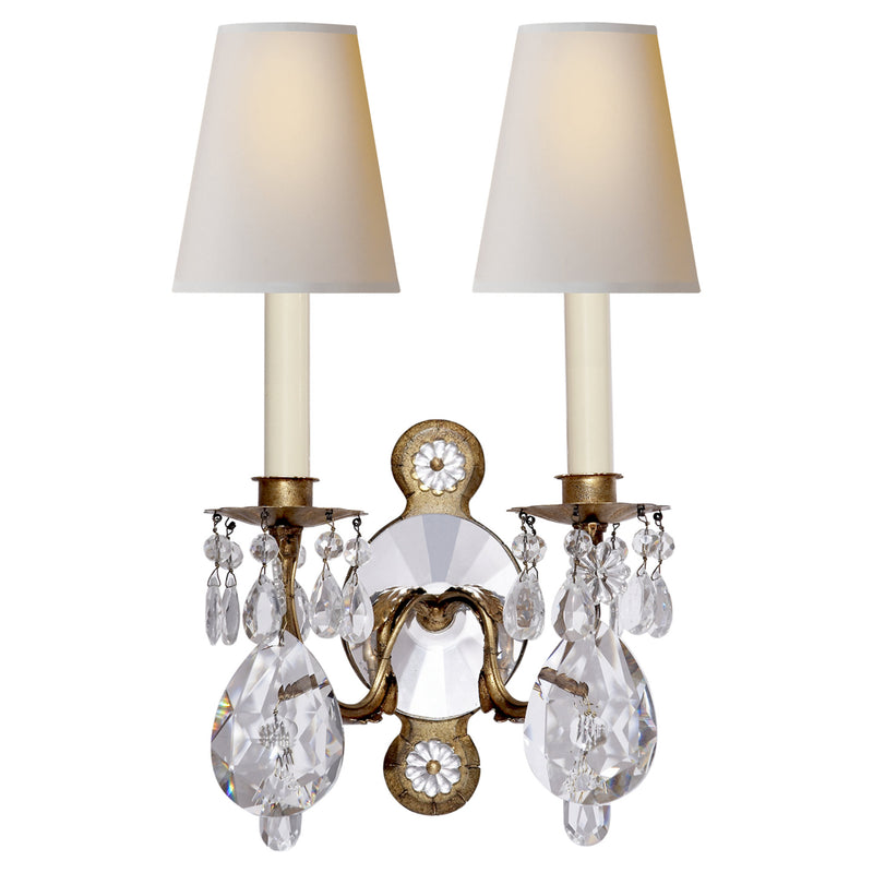 Thomas O'Brien Yves Crystal Double Arm Sconce in Gilded Iron and Crystal with Natural Percale Shades