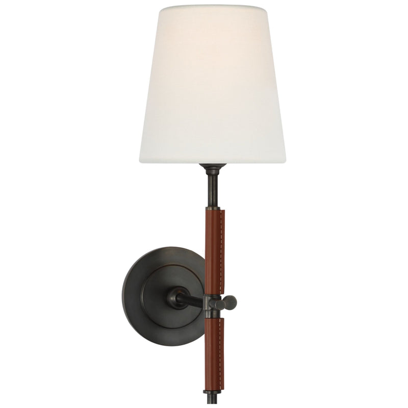 Thomas O'Brien Bryant Wrapped Sconce in Bronze and Saddle Leather with Linen Shade