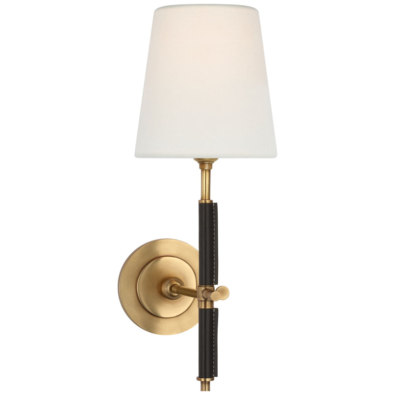 Thomas O'Brien Bryant Wrapped Sconce in Hand-Rubbed Antique Brass and Chocolate Leather with Linen Shade