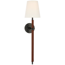 Thomas O'Brien Bryant Large Wrapped Tail Sconce in Bronze and Saddle Leather with Linen Shade