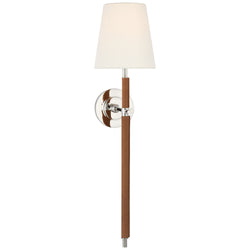 Thomas O'Brien Bryant Large Wrapped Tail Sconce in Polished Nickel and Natural Leather with Linen Shade