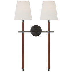 Thomas O'Brien Bryant Large Wrapped Double Tail Sconce in Bronze and Saddle Leather with Linen Shades