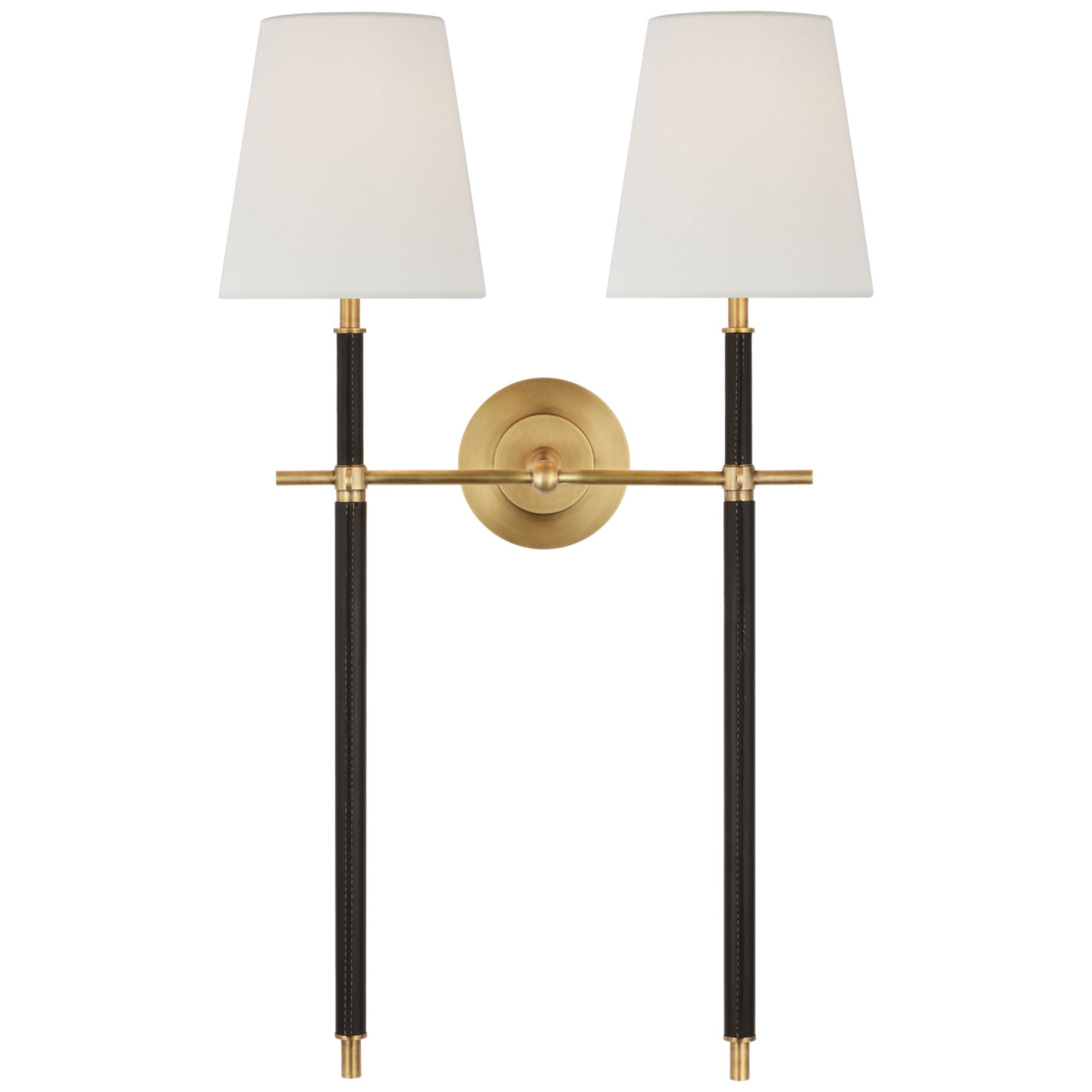 Thomas O'Brien Bryant Large Wrapped Double Tail Sconce in Hand-Rubbed Antique Brass and Chocolate Leather with Linen Shades Wall Light W16" x H26"
