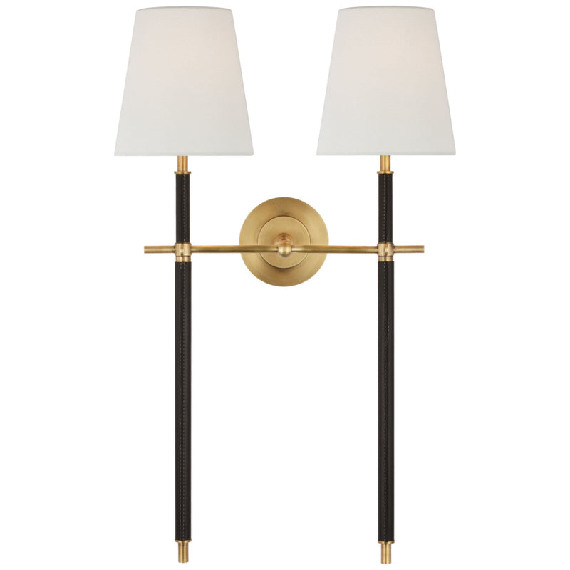Thomas O'Brien Bryant Large Wrapped Double Tail Sconce in Hand-Rubbed Antique Brass and Chocolate Leather with Linen Shades