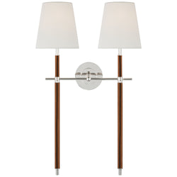 Thomas O'Brien Bryant Large Wrapped Double Tail Sconce in Polished Nickel and Natural Leather with Linen Shades