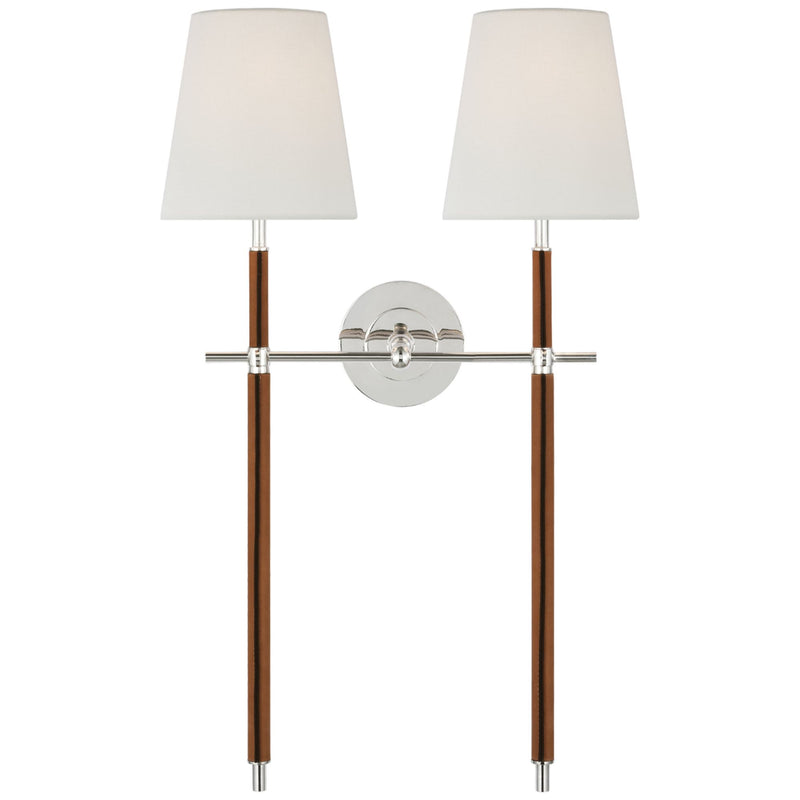 Thomas O'Brien Bryant Large Wrapped Double Tail Sconce in Polished Nickel and Natural Leather with Linen Shades