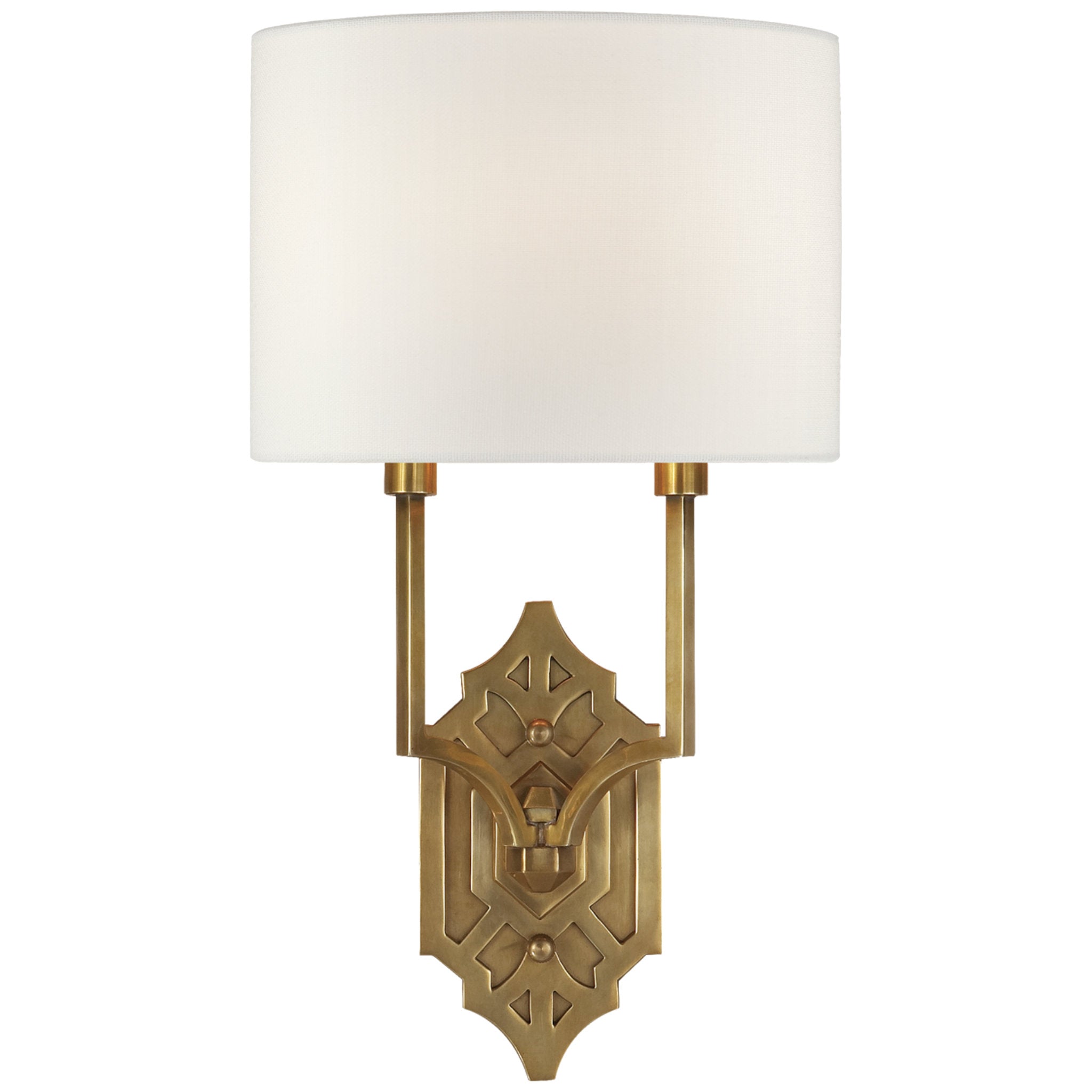 Thomas O'Brien Silhouette Fretwork Sconce in Hand-Rubbed Antique Brass with Linen Shade Wall Light W8.75" x H16.5"