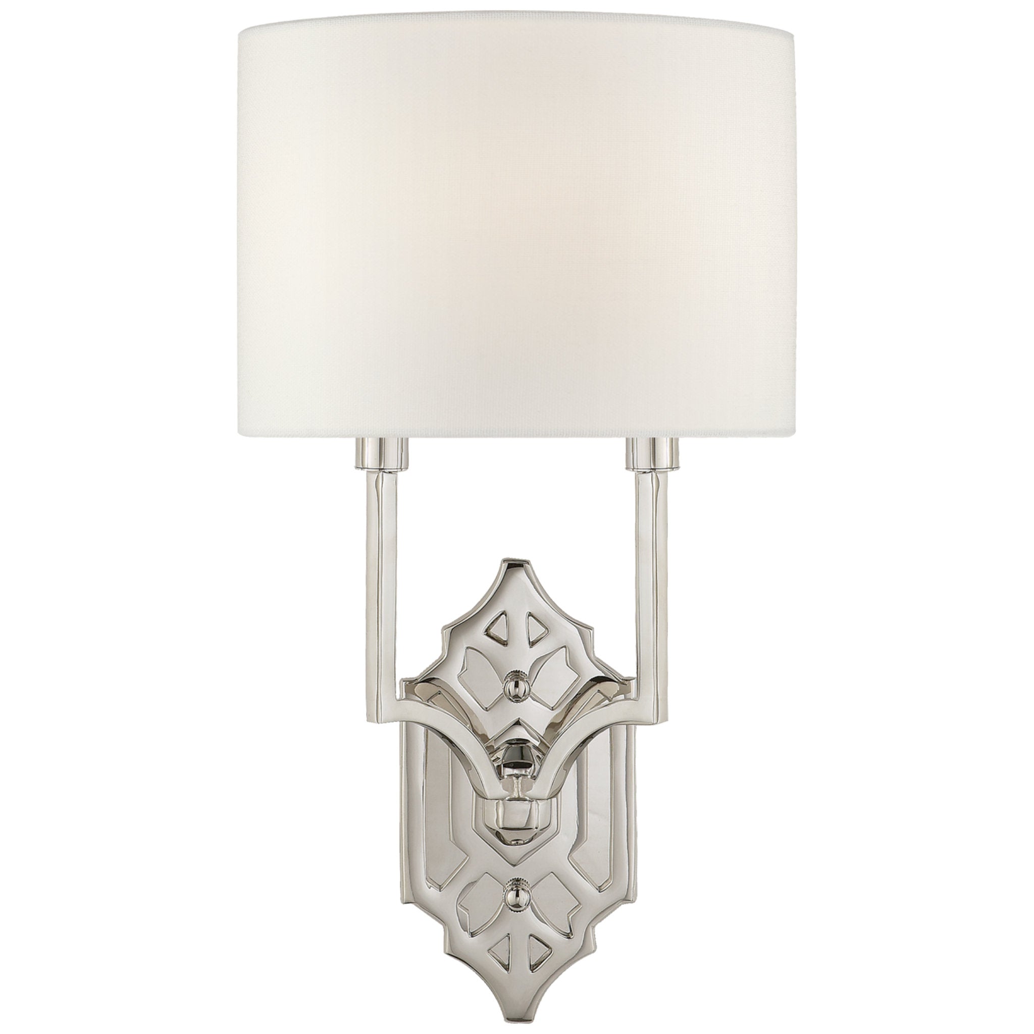 Thomas O'Brien Silhouette Fretwork Sconce in Polished Nickel with Linen Shade Wall Light W8.75" x H16.5"