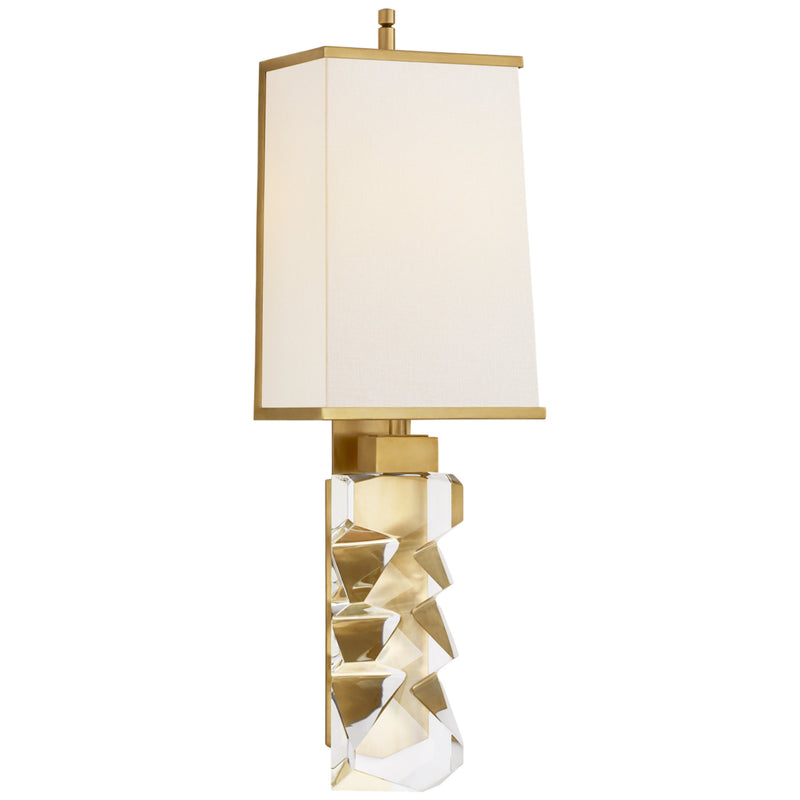 Thomas O'Brien Argentino Large Sconce in Crystal and Hand-Rubbed Antique Brass with Linen Shade with Brass Trimmed Shade