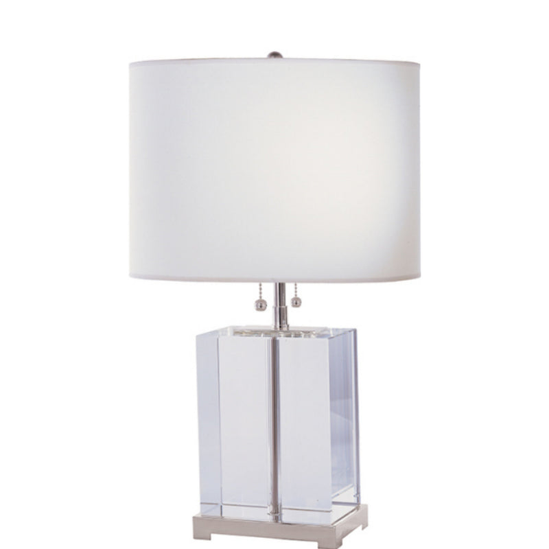 Thomas O'Brien Block Table Lamp in Crystal and Polished Silver with Cotton Shade