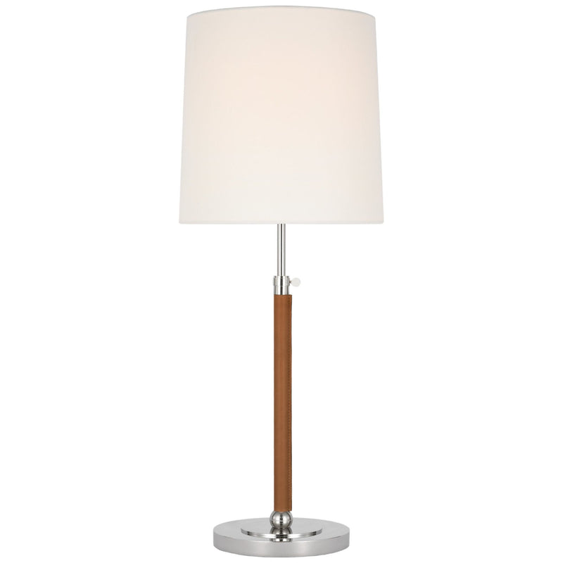 Thomas O'Brien Bryant Large Wrapped Table Lamp in Polished Nickel and Natural Leather with Linen Shade