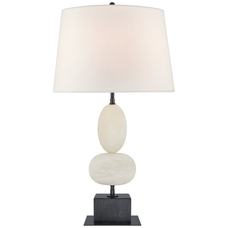 Thomas O'Brien Dani Medium Table Lamp in Alabaster and Black Marble with Linen Shades