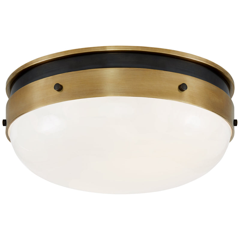 Thomas O'Brien Hicks Small Flush Mount in Bronze and Hand-Rubbed Antique Brass with White Glass